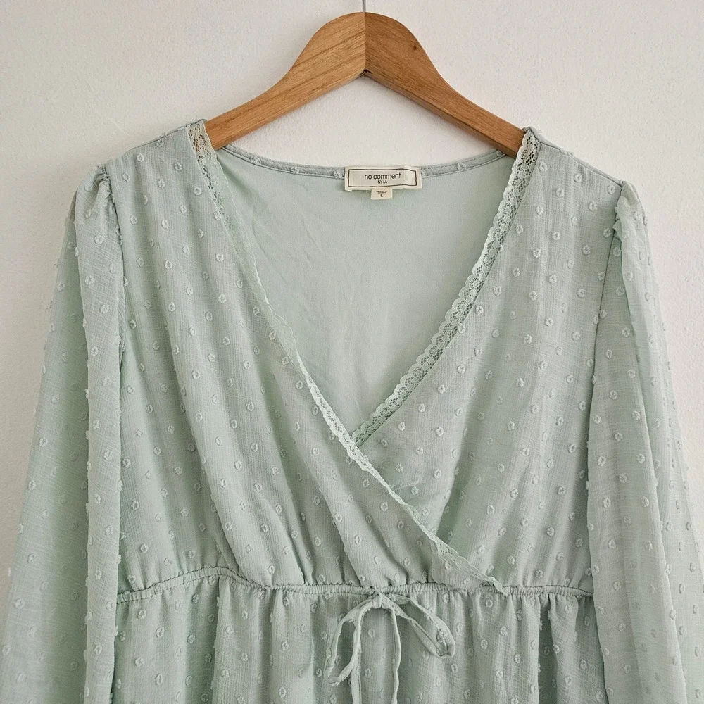 Sage Green Faux Wrap Mini‎ Dress L Swiss Dot Ruffle Fairy Softgirl Cottage NEW